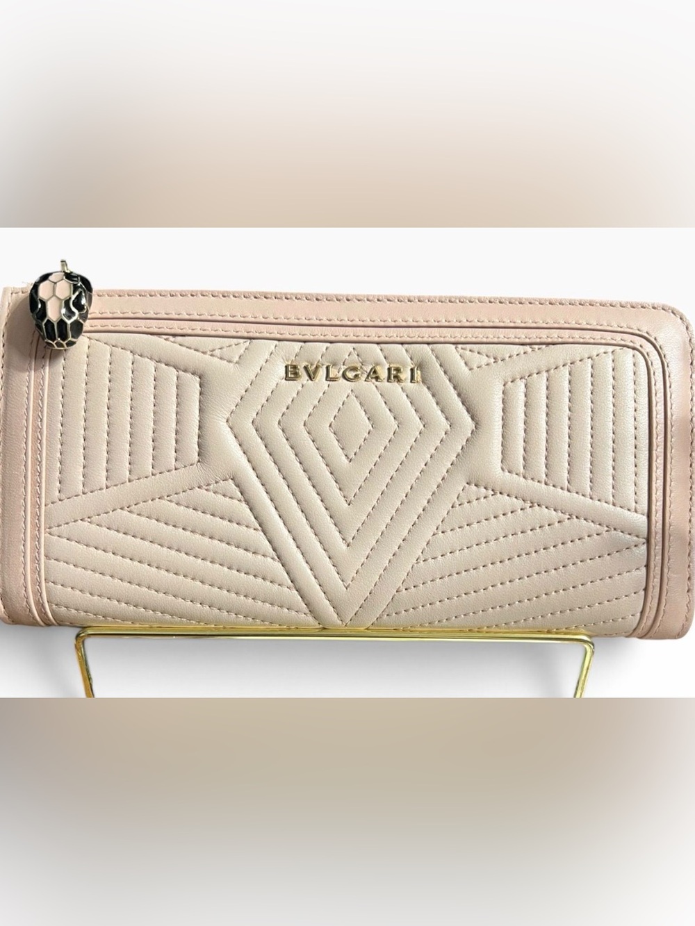 Bulgari Quilted Leather Zip Wallet in Pale Blush with Gold Hardware